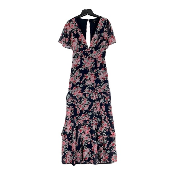 Lulus Navy Floral Maxi Dress Low Plunge Short Sleeve Womens XS - Picture 5 of 11